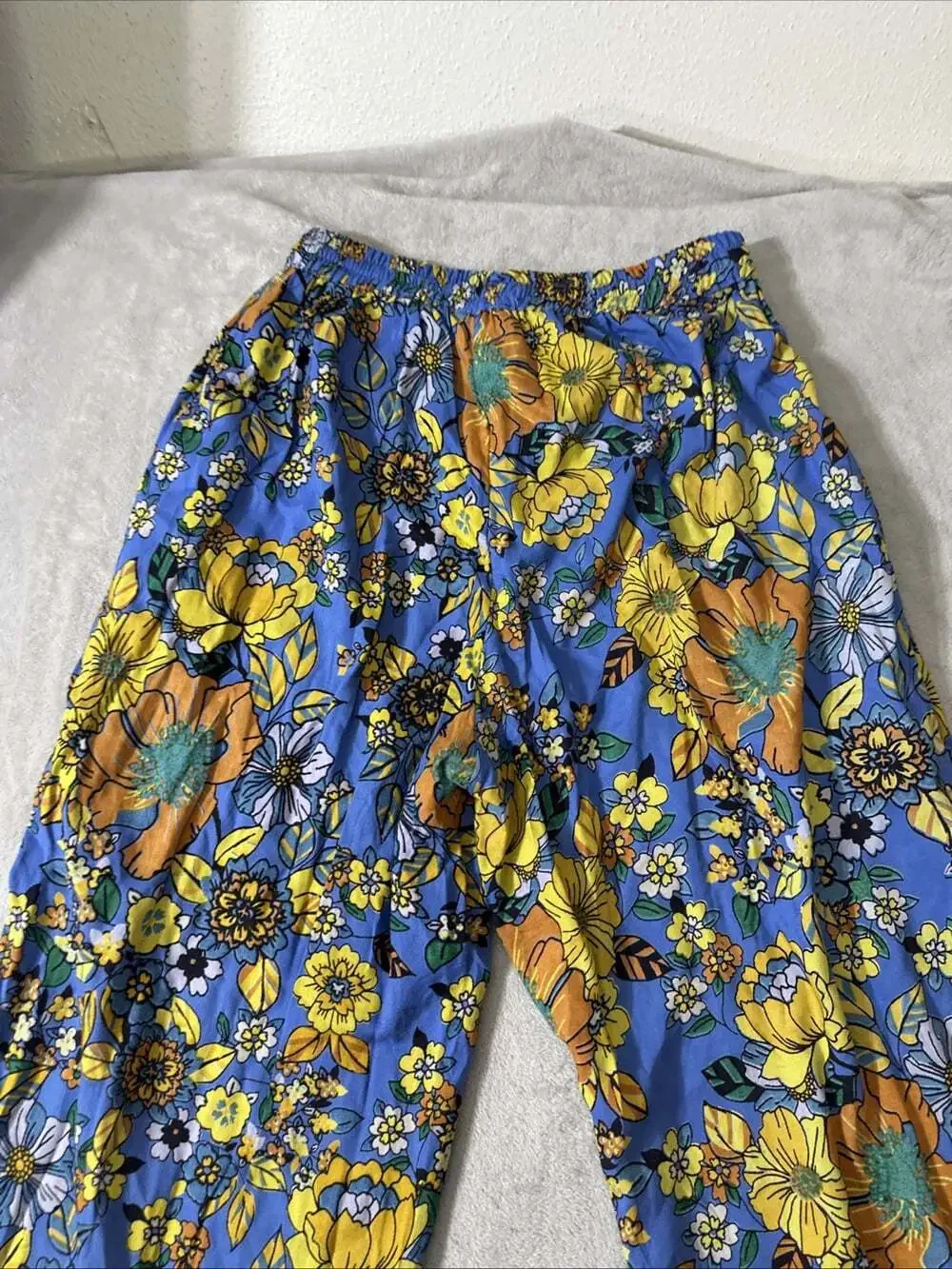 Angie Women’s Floral Wide Leg Rayon Palazzo Pants Blue Boho Size M